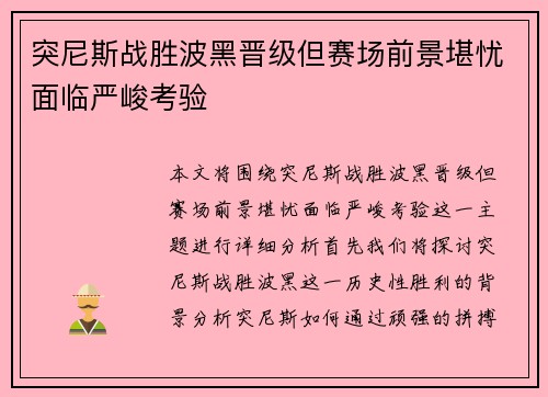 突尼斯战胜波黑晋级但赛场前景堪忧面临严峻考验