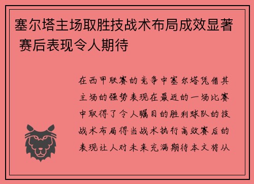 塞尔塔主场取胜技战术布局成效显著 赛后表现令人期待
