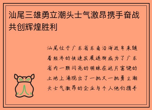 汕尾三雄勇立潮头士气激昂携手奋战共创辉煌胜利