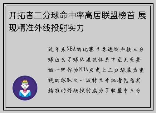 开拓者三分球命中率高居联盟榜首 展现精准外线投射实力