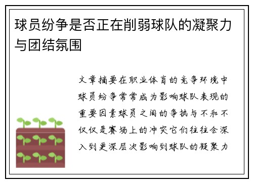 球员纷争是否正在削弱球队的凝聚力与团结氛围
